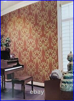Burgundy gold metallic damask textured faux grasscloth texture wallpaper roll 3D
