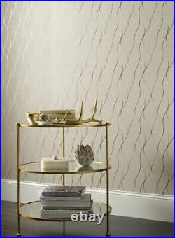 Contemporary Modern Textured Wallpaper white Wavy lines Wave brass gold Metallic