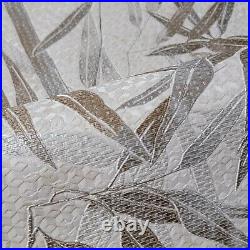 Floral bamboo leaves off white brown bronze metallic textured hexagon wallpaper