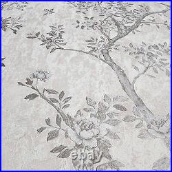 Floral tan gray gold metallic apple tree branches birds textured wallpaper rolls