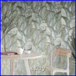 Floral tropical leaves Green Gold metallic faux fabric textured Wallpaper rolls