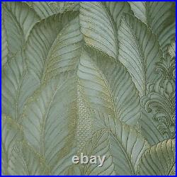 Floral tropical leaves Green Gold metallic faux fabric textured Wallpaper rolls