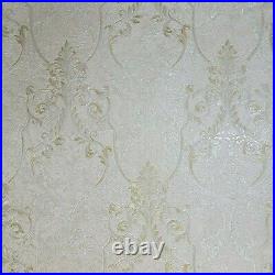 Ivory off white gold metallic Victorian damask faux plaster Textured Wallpaper