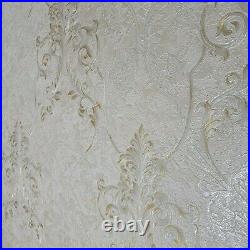 Ivory off white gold metallic Victorian damask faux plaster Textured Wallpaper