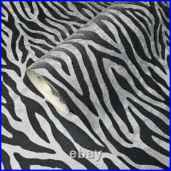 Wallpaper black silver Metallic Textured Flocking velvet animal zebra Flock fur