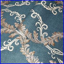 Wallpaper blue beige taupe bronze gold Textured Victorian Damask faux fabric 3D