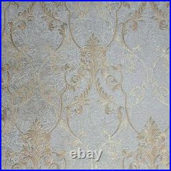 Wallpaper gray bronze metallic Victorian damask faux concrete plaster Textured