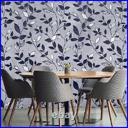 Wallpaper gray silver navy blue Flocking Velvet flocked Textured floral leaves
